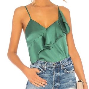 Revolve Green Satin Ruffle Tank Top